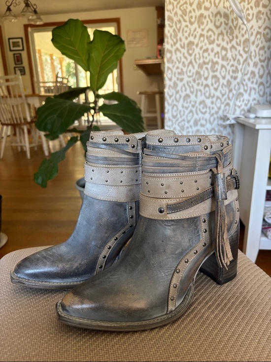 freebird Shoes - freebird Metallic Gray Studded Ankle Boots with Fringe Strap